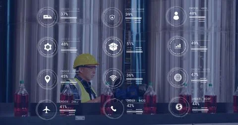 Image of icons and data processing over caucasian man working in warehouse Foto stock