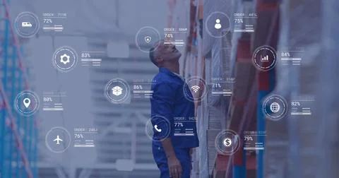 Image of icons and data processing over caucasian man working in warehouse Stock Photos