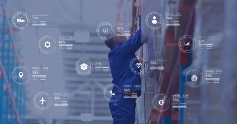 Image of icons and data processing over caucasian man working in warehouse Foto stock