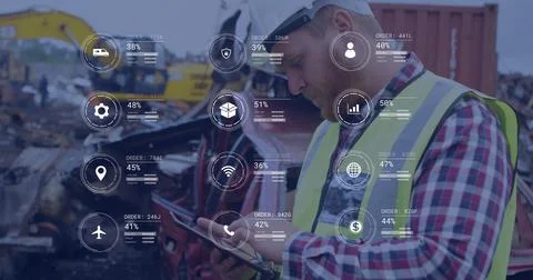 Image of icons and data processing over caucasian man working in warehouse Foto stock