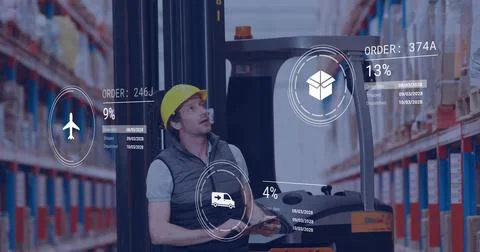 Image of icons and data processing over caucasian man working in warehouse Stock Photos