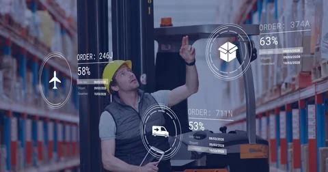 Image of icons and data processing over caucasian man working in warehouse Stock Photos