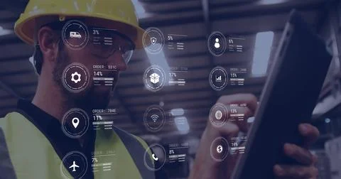 Image of icons and data processing over caucasian man working in warehouse Stock Photos