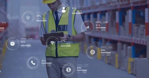Image of icons and data processing over caucasian man working in warehouse Stock Photos