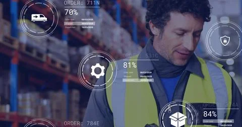 Image of icons and data processing over caucasian man working in warehouse Foto stock