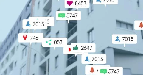 Image of icons and data processing over high building Fotos de archivo