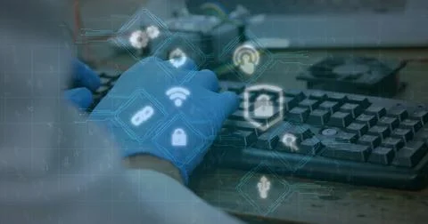 Image of icons and data processing over male scientist using computer keyboard Stock Photos