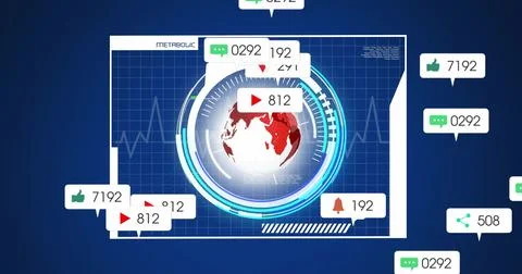 Image of icons and data processing with globe over screen Foto stock