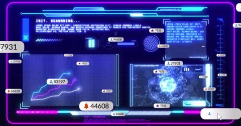 Image of icons and data processing over screens on dark background Stock Photos
