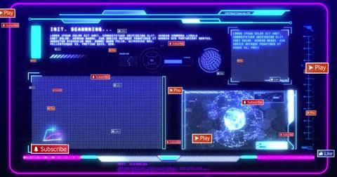 Image of icons and data processing over screens on dark background 库存照片
