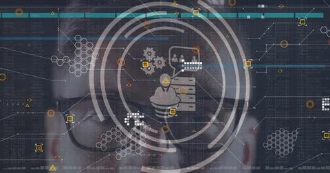 Image of icons and data processing over caucasian man on black background Stock Photos