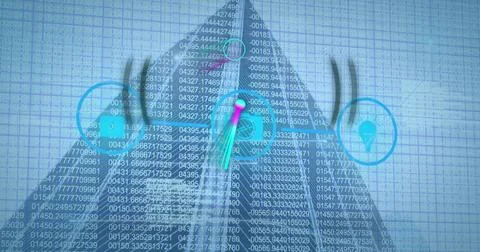 Image of icons and data processing over building and marker Fotos de archivo