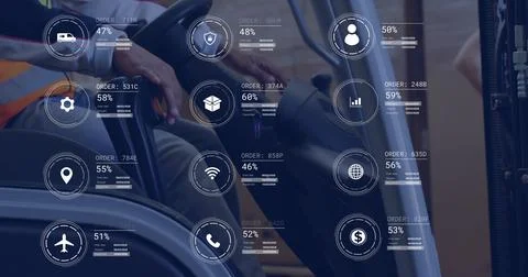 Image of icons and data processing over caucasian man in forklift working in 库存照片