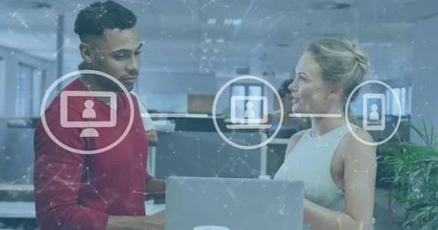 Image of icons and data processing over diverse business people in office 库存照片