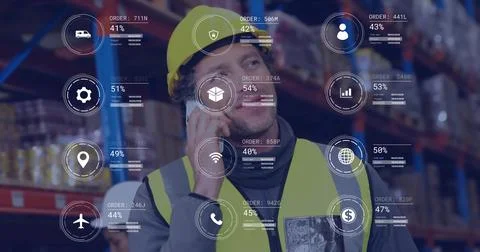 Image of icons and data processing over caucasian man working in warehouse 库存照片