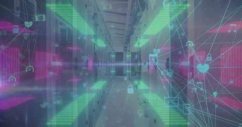 Image of icons and digital data processing over computer servers Stock Photos