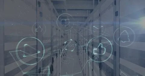 Image of icons and digital data processing over computer servers Stock Photos