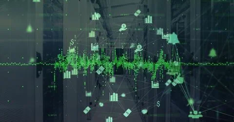 Image of icons and digital data processing over computer servers Stock Photos