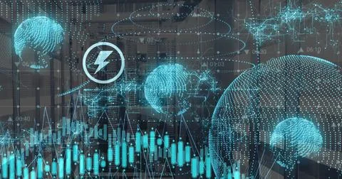 Image of icons and digital data processing over computer servers Stock Photos