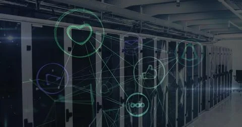 Image of icons and digital data processing over computer servers 写真素材