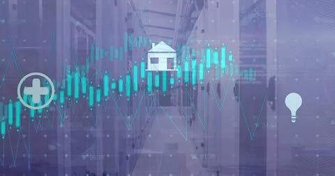 Image of icons and digital data processing over computer servers Stock Photos