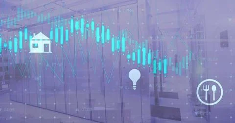 Image of icons and digital data processing over computer servers Foto stock