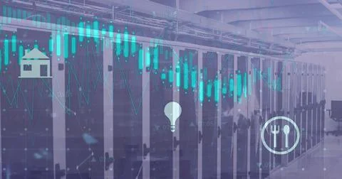 Image of icons and digital data processing over computer servers Foto stock
