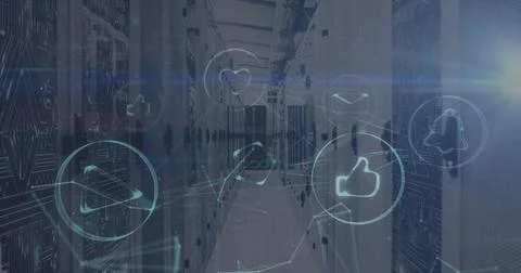 Image of icons and digital data processing over computer servers Stock Photos