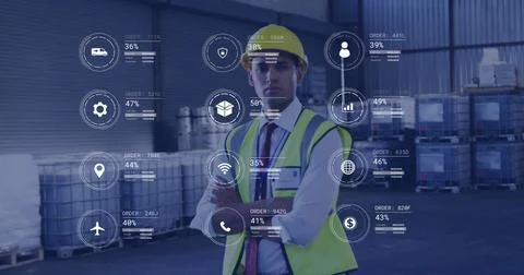 Image of icons and digital data processing over caucasian man working in Stock Photos