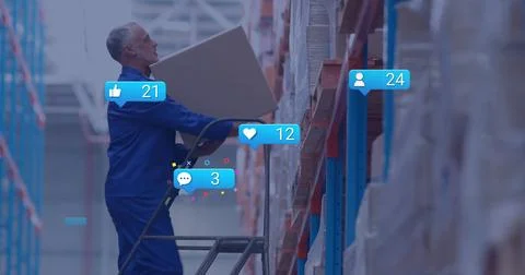 Image of icons and digital data processing over caucasian man working in Foto stock