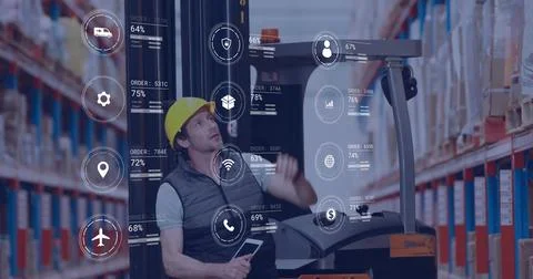Image of icons and digital data processing over caucasian man in forklift 스톡 사진