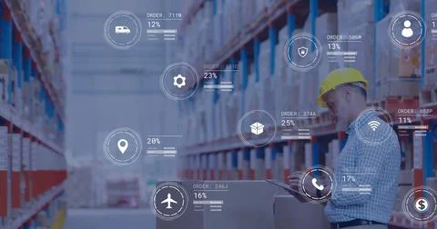 Image of icons and digital data processing over caucasian man working in Stock Photos