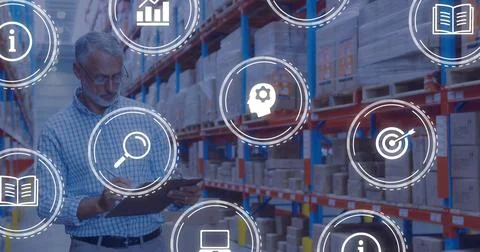Image of icons and digital data processing over caucasian man working in Stock Photos