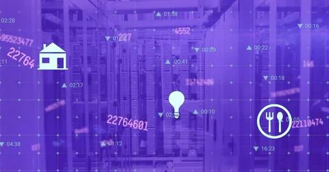 Image of icons and digital data processing over computer servers Stock Photos