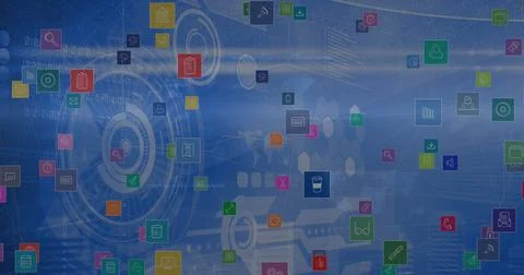 Image of icons and diverse data on blue digital screen 库存插图