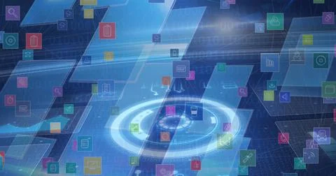 Image of icons and diverse data on blue digital screen Stock Illustration