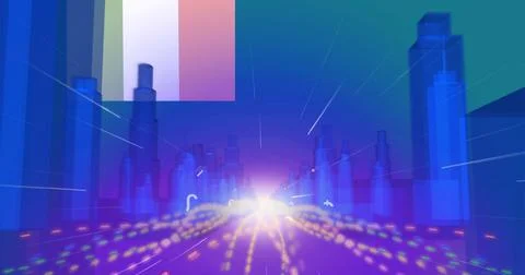 Image of icons and light moving over cityscape landscape Stock Illustration