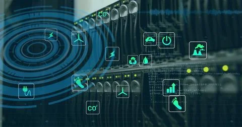 Image of icons and processing circle over servers 스톡 사진