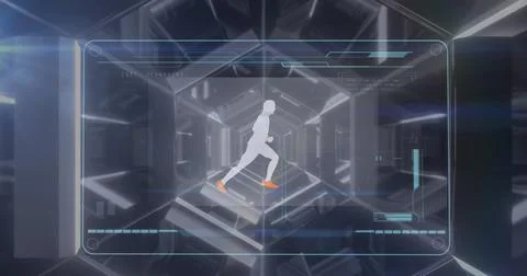 Image of icons and scanner processing data over digital athlete running 스톡 사진