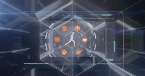 Image of icons and scanner processing data over digital athlete running 스톡 사진