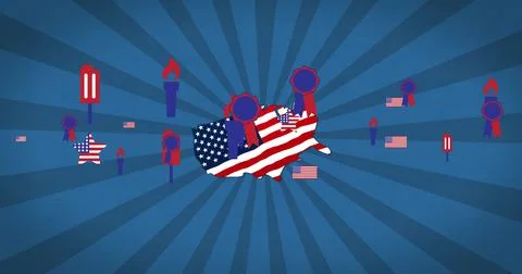 Image of icons and usa map coloured in american flag over blue background Ilustração Stock