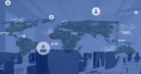 Image of icons and world map over desks in office Stock Illustration