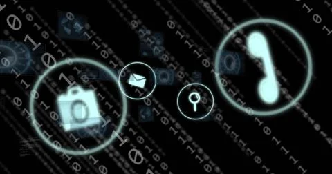 Image of icons, binary codes, radars, globes and computer language over black Stock Photos