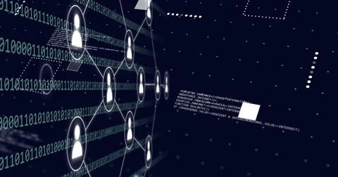 Image of icons with binary coding and data processing over black background 스톡 사진