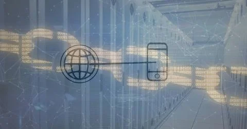 Image of icons, chain and data processing over computer servers Stock Photos