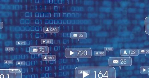 Image of icons, changing numbers in notification bars over binary codes aga.. Stock Photos