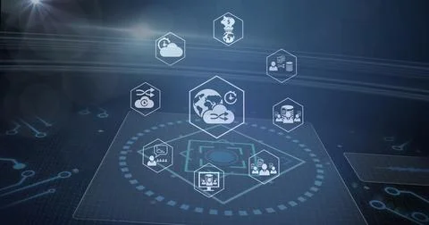 Image of icons, computer circuit board and data processing Illustrazione stock