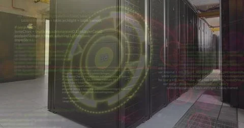 Image of icons, computer language and loading circle over serve room Foto stock