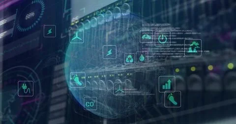 Image of icons, computer language, connected lines over globe against back panel Stock Photos