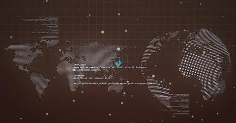 Image of icons, computer language, globe and map over gray background Stock Photos